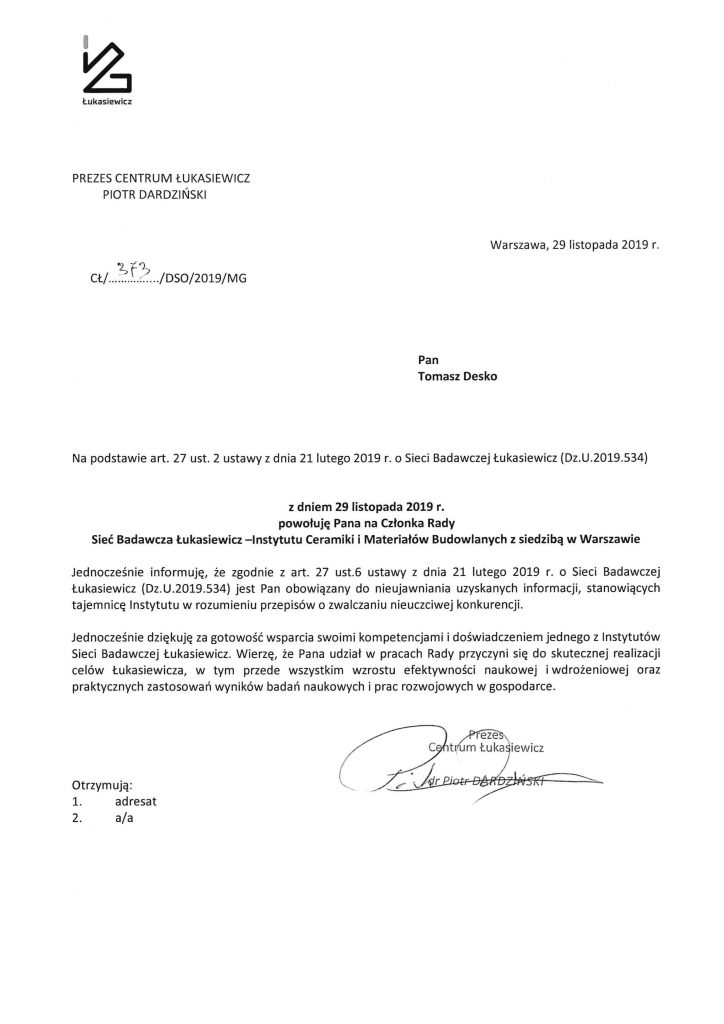 Prezes Tomasz Desko członkiem Rady Sieci Badawczej Łukasiewicz