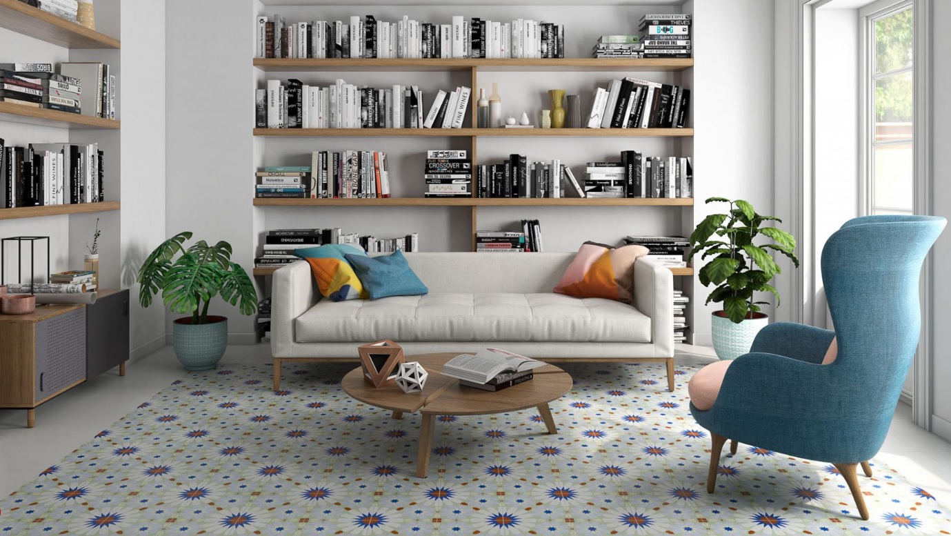patchwork na płytkach w salonie