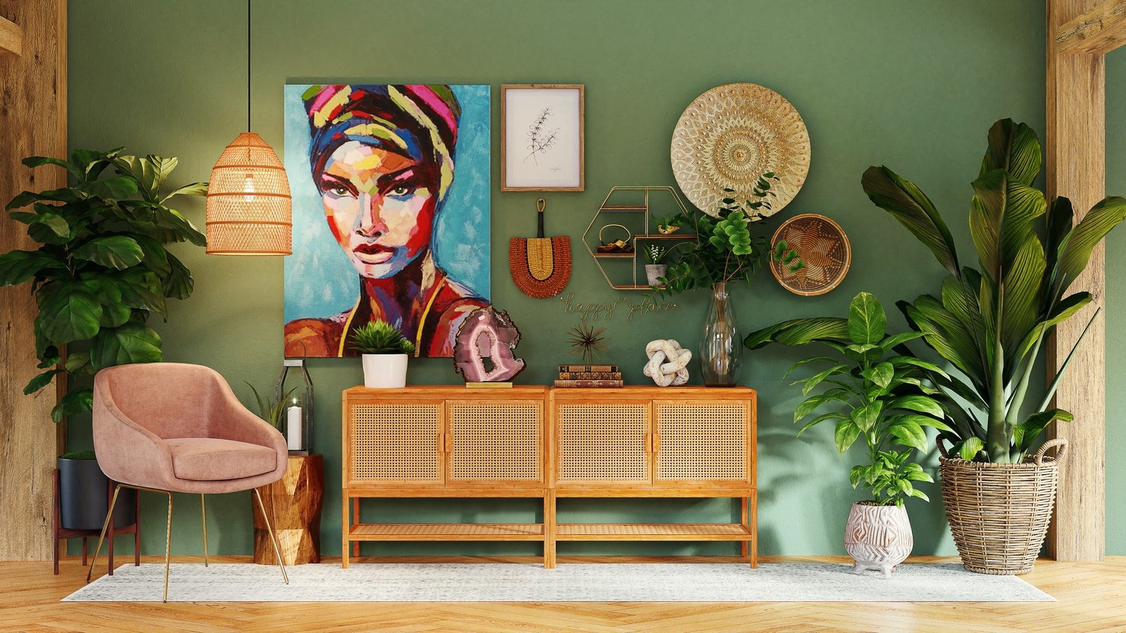 zielony salon z obrazmi
