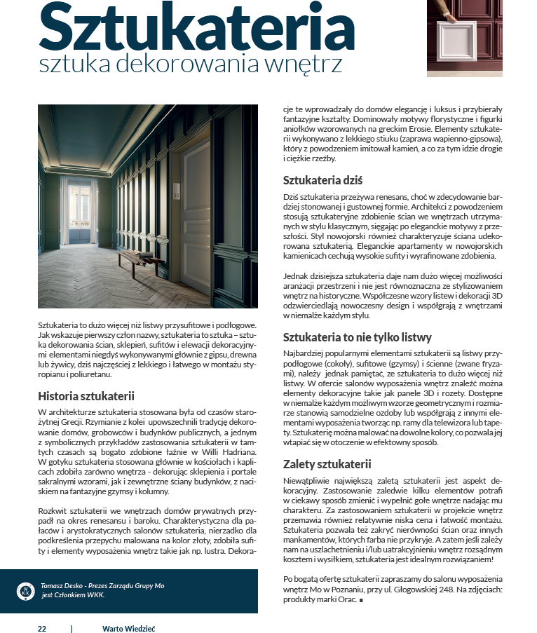 "Sztukateria - sztuka dekorowania wnętrz" na łamach biuletynu WKK
